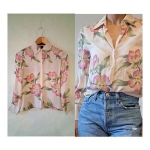 Josephine Chause Pink Silk Floral Button Down Blouse